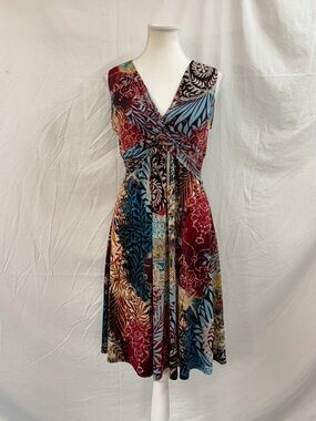 Tie-Waist V-Neck Midi Dress in Burgundy & Teal Floral